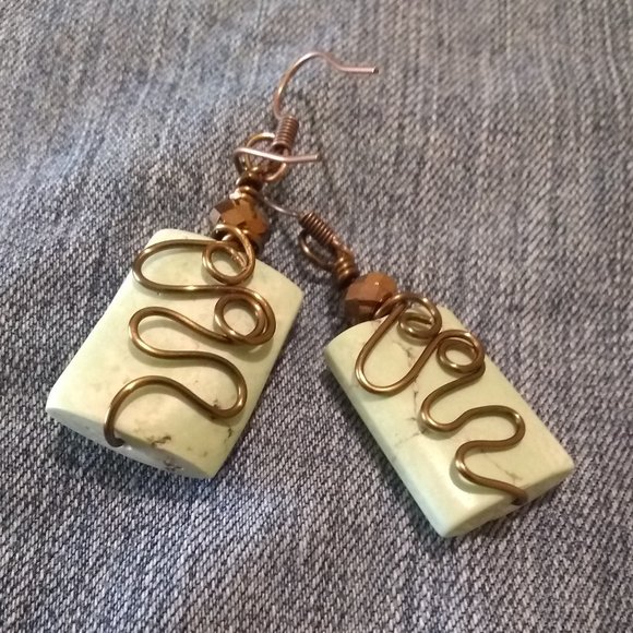 NatureLoversJewelry Jewelry - Pale Green Jasper + Bronze Wire Wrap Earrings